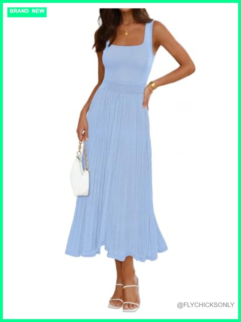 Sleeveless Midi Dress Square Neck Ribbed Knit A-Line Empire Waist